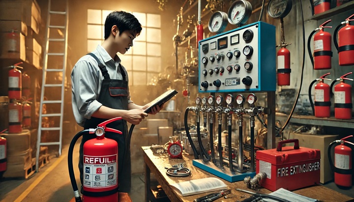 Kiểm tra tổng thể bình chữa cháy là bước quan trọng trước khi tiến hành nạp sạc chuyên nghiệp.